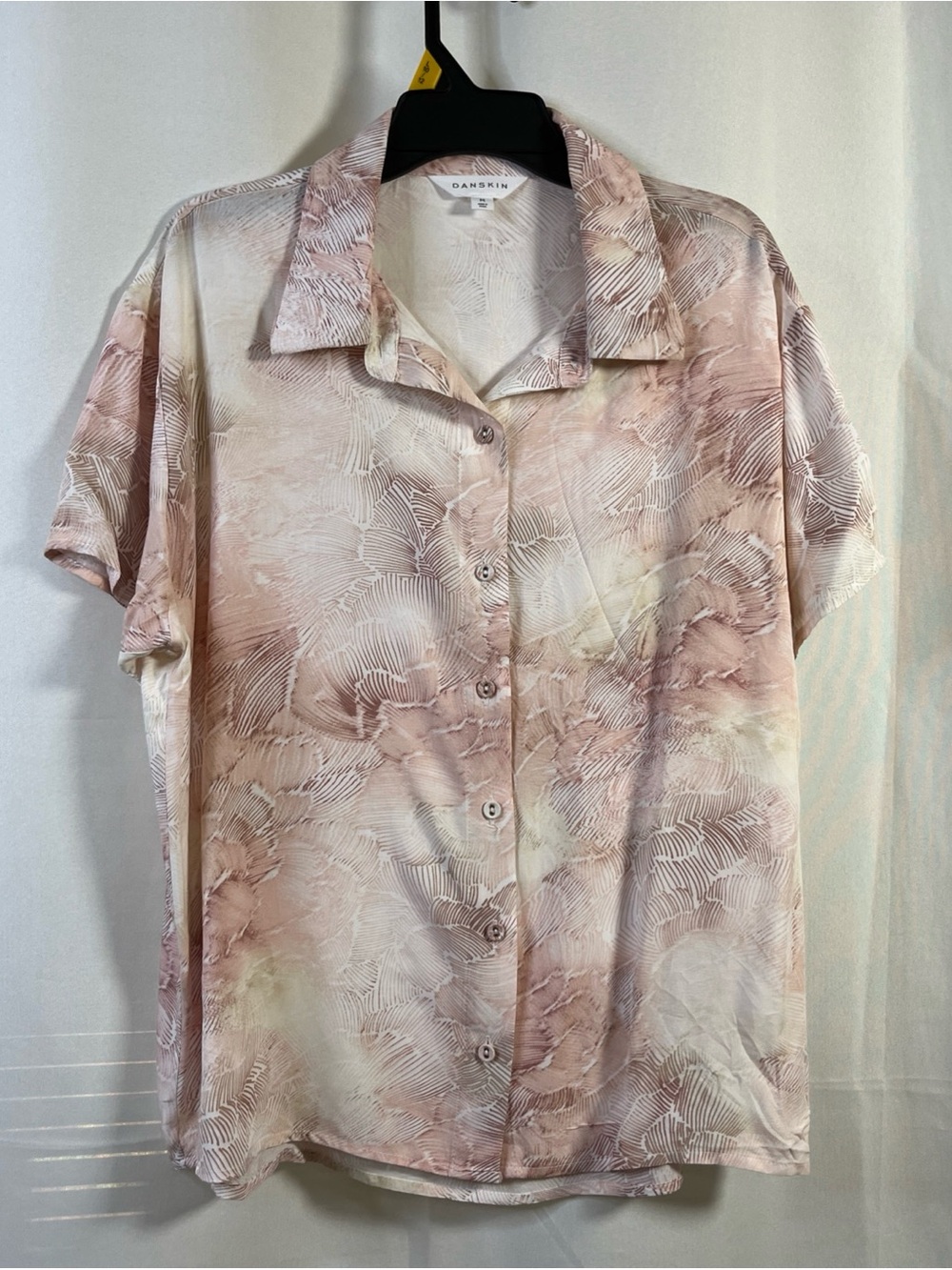 Danskin Women's Button Up Abstract Floral Blouse Pink Multicolor size Medium